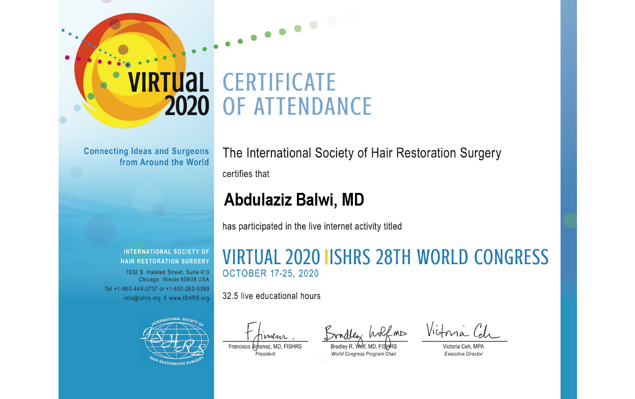 Image Dr. Balwi Certificat congrès mondial de l'ISHRS