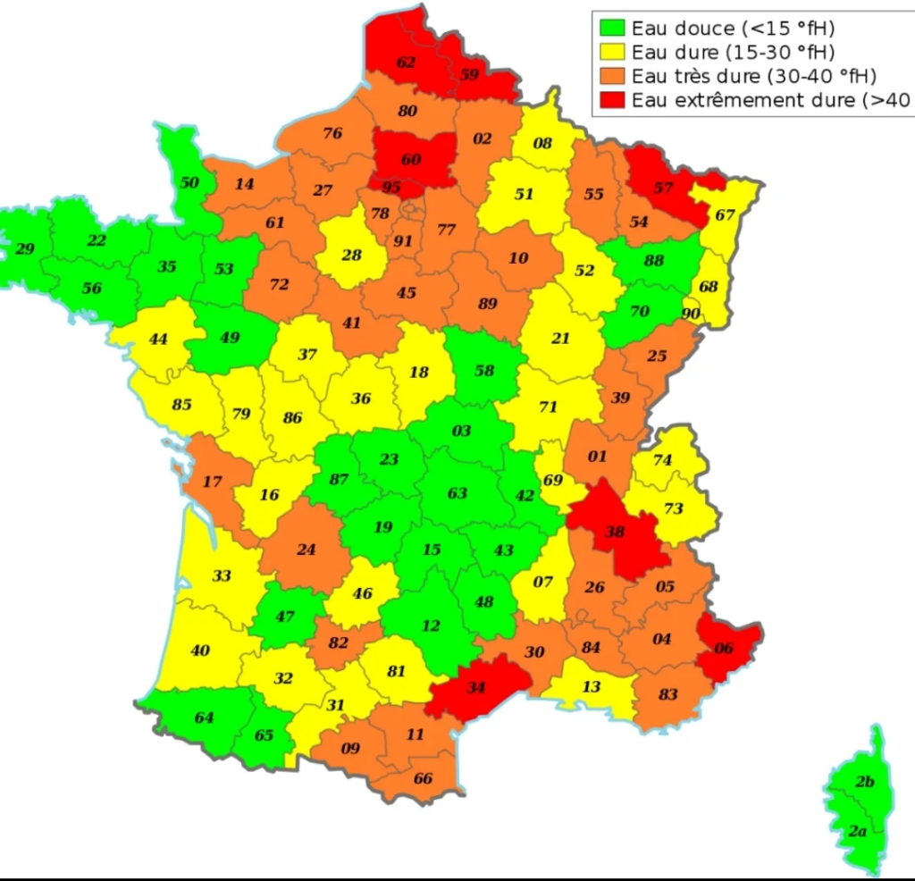Carte de la dureté de l'eau en France métropolitaine