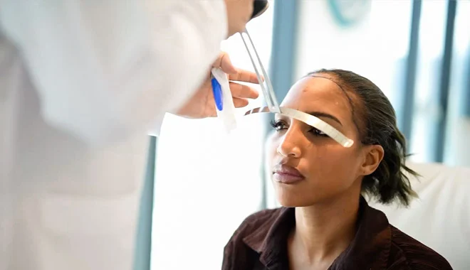 L'image montre une patiente en train de faire une analyse de sa ligne capillaire avec un membre de l'équipe médicale d'Elithair.