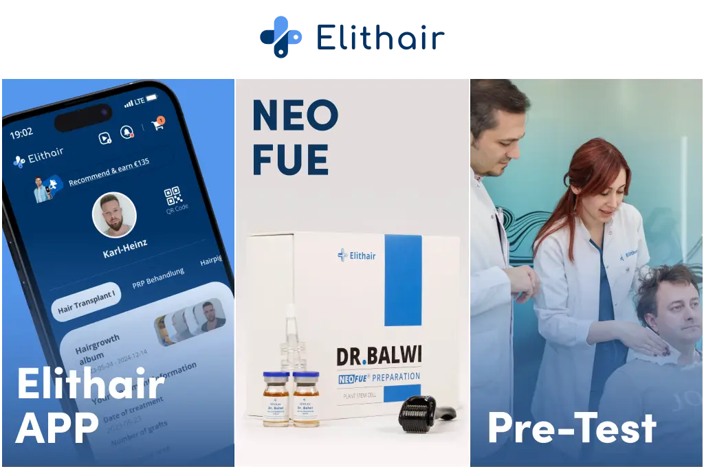 Image montrant l'application Elithair, le kit NEO FUE et une analyse capillaire supervisée par le Dr. Balwi