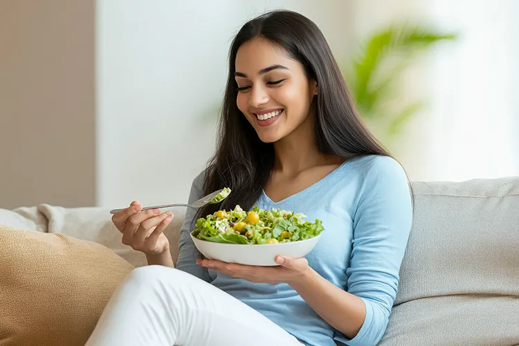 Eine lächelnde Frau sitzt auf dem Sofa und isst einen Salat