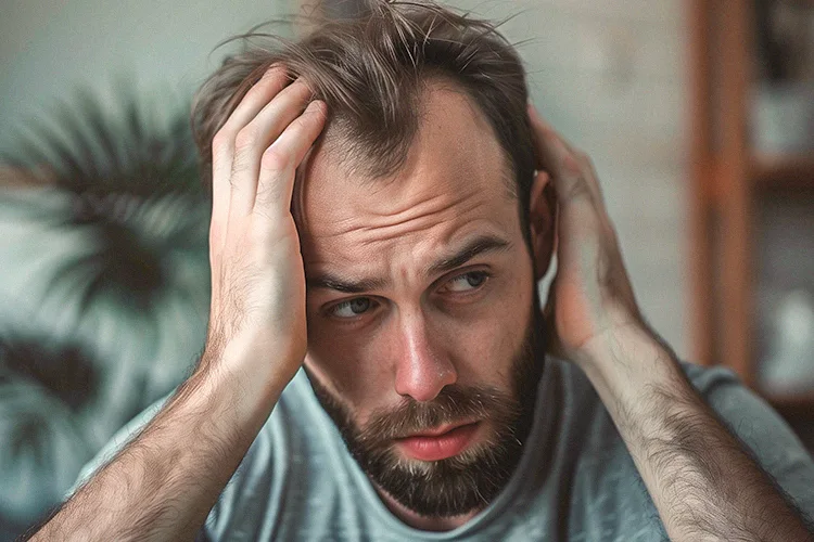 Mann schaut depressiv ins leere aufgrund seines Haarausfall