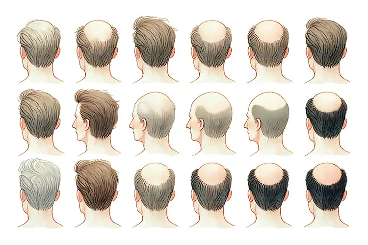Unterschiedliche Arten von Haarausfall, gezeigt bei verschiedenen Männern