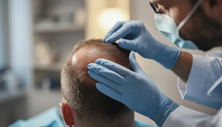 Ein Doktor untersucht den Kopf eines Patienten, der an Haarausfall leidet