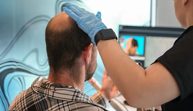 Patient unterzieht sich bei Elithair einer Pre-test Untersuchung zur Diagnose seines Haarausfalls am Hinterkopf.