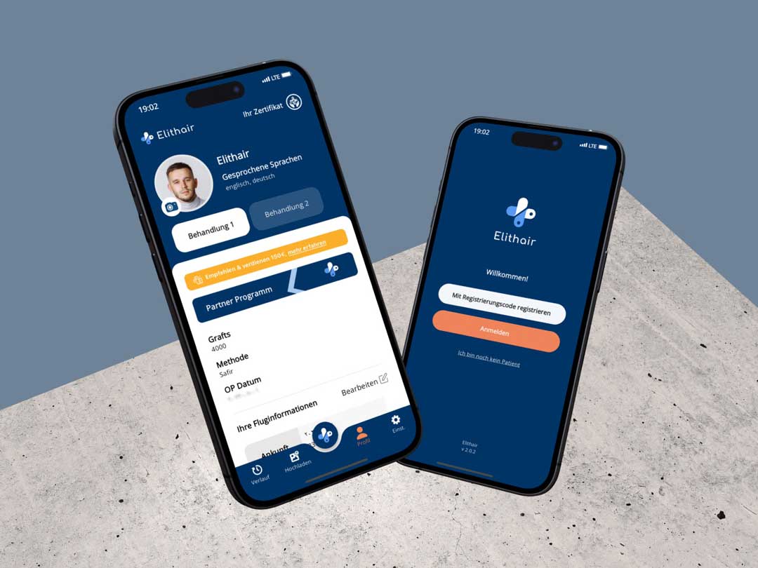 Login und Profil Screens bei der Elithair App auf zwei Smartphones