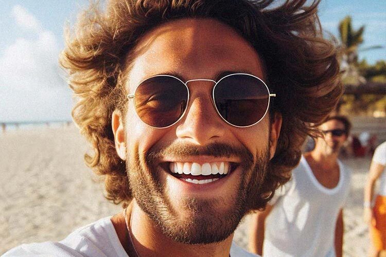 Mann mit Sonnenbrille am Strand lächelt in die Kamera