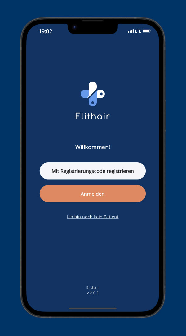 Der Elithair App Log-in Screen