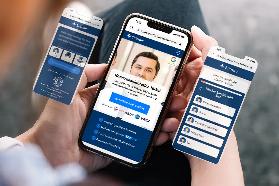 Bild zeigt, ein Handy mit der Elithair Homepage und dem Haarkalkulator