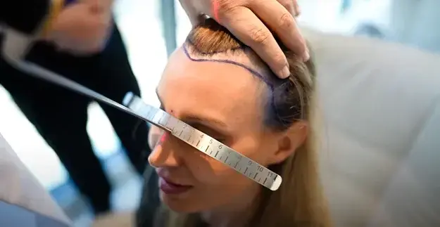 Thumbnail zeigt, das Vermessen der Haarlinie bei einer Patientin für die Haartransplantation bei Frauen