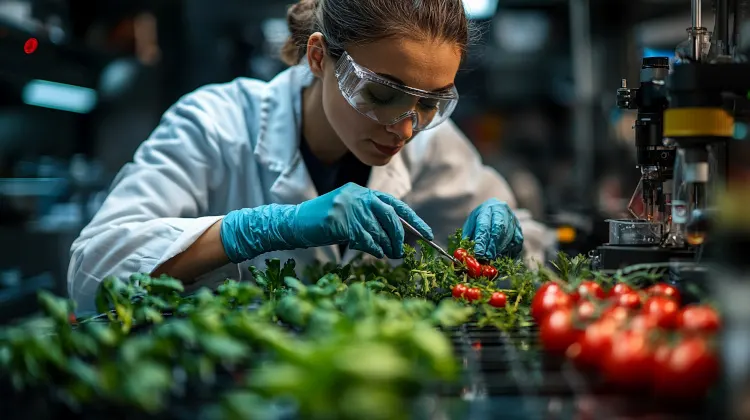 Wissenschaftlerin in einem Labor untersucht Pflanzen und Tomaten mit Präzisionswerkzeugen