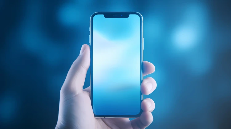 Nahaufnahme eines Smartphones, das von einer Hand gehalten wird, mit blauem Hintergrund