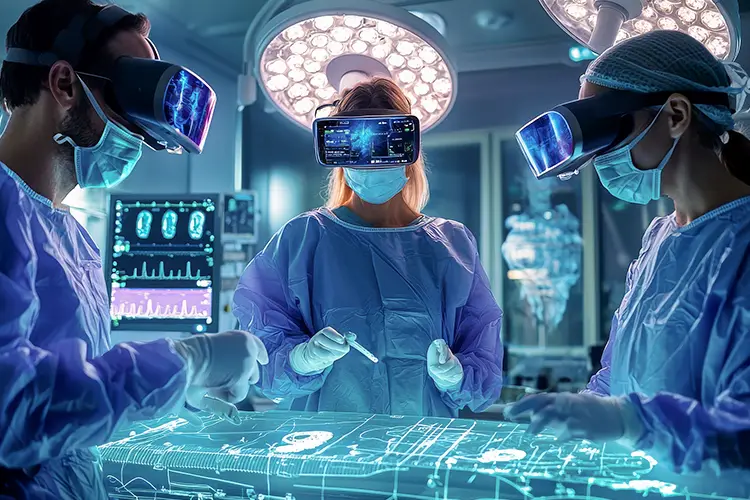 Ein chirurgisches Team im OP mit VR-Brillen, die holografische Technologien zur Planung und Durchführung einer Operation nutzen