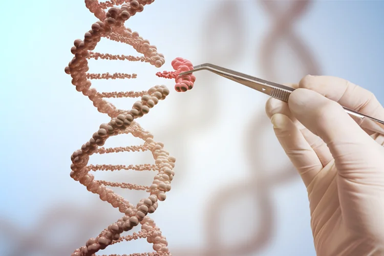 Hand eines Forschers modifiziert mit einer Pinzette einen DNA-Strang.