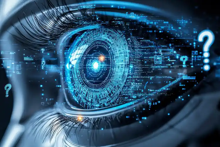 Illustration eines analysierenden Auges mit digitalen Daten und Fragezeichen – steht für die ethischen Fragen rund um emotionale Datenerfassung und Überwachung.
