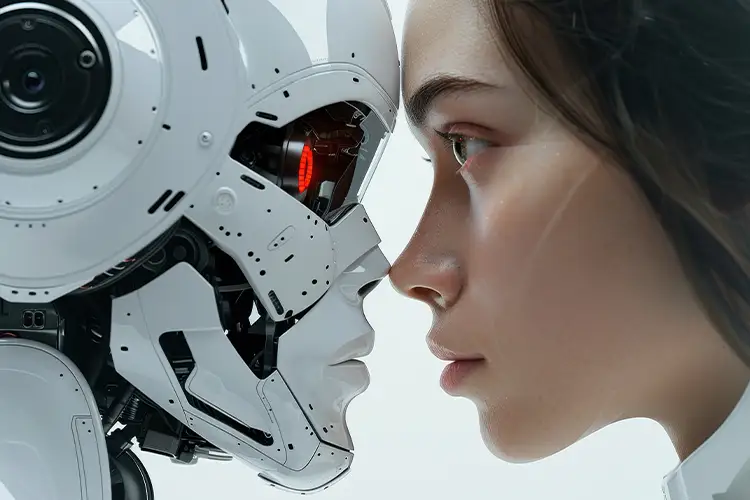 Ein Mensch und ein Roboter blicken sich direkt an – symbolisiert das Spannungsfeld zwischen künstlicher Intelligenz und menschlicher Gefühlswelt.
