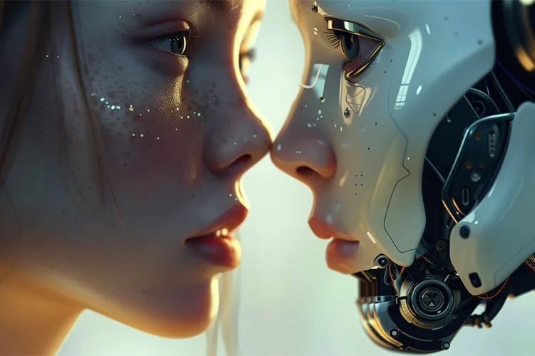 Eine Frau und ein humanoider Roboter berühren sich sanft mit den Nasenspitzen und halten intensiven Blickkontakt – symbolisiert die emotionale Nähe zwischen Mensch und künstlicher Intelligenz.