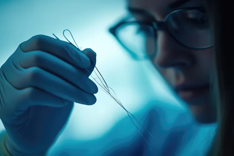 Eine Medizinerin analysiert vorsichtig Haare mit einer Pinzette
