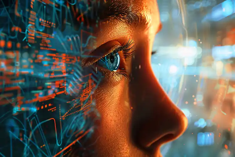 Nahaufnahme eines Gesichts mit überlagerten Strukturen – symbolisiert innere Konflikte und Gedankenprozesse.