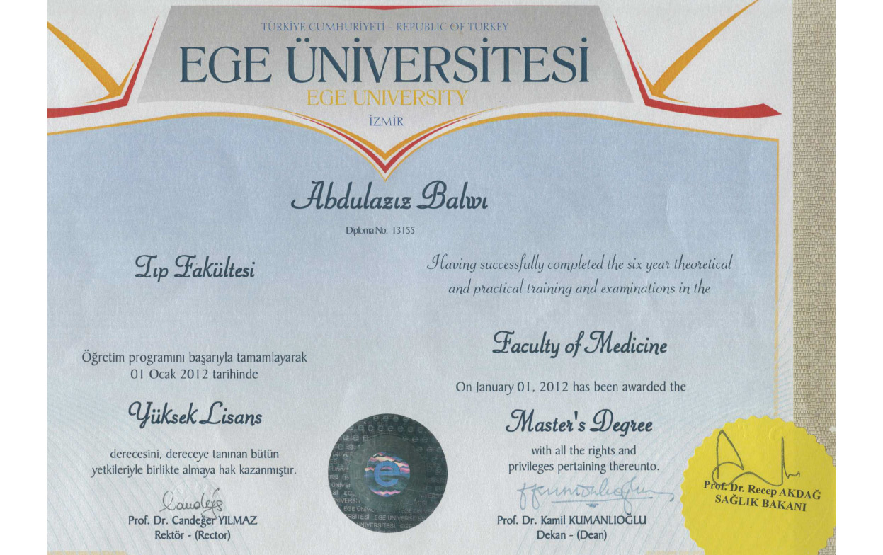 certificato di laurea del Dr. Balwi alla Ege University facoltà di medicina