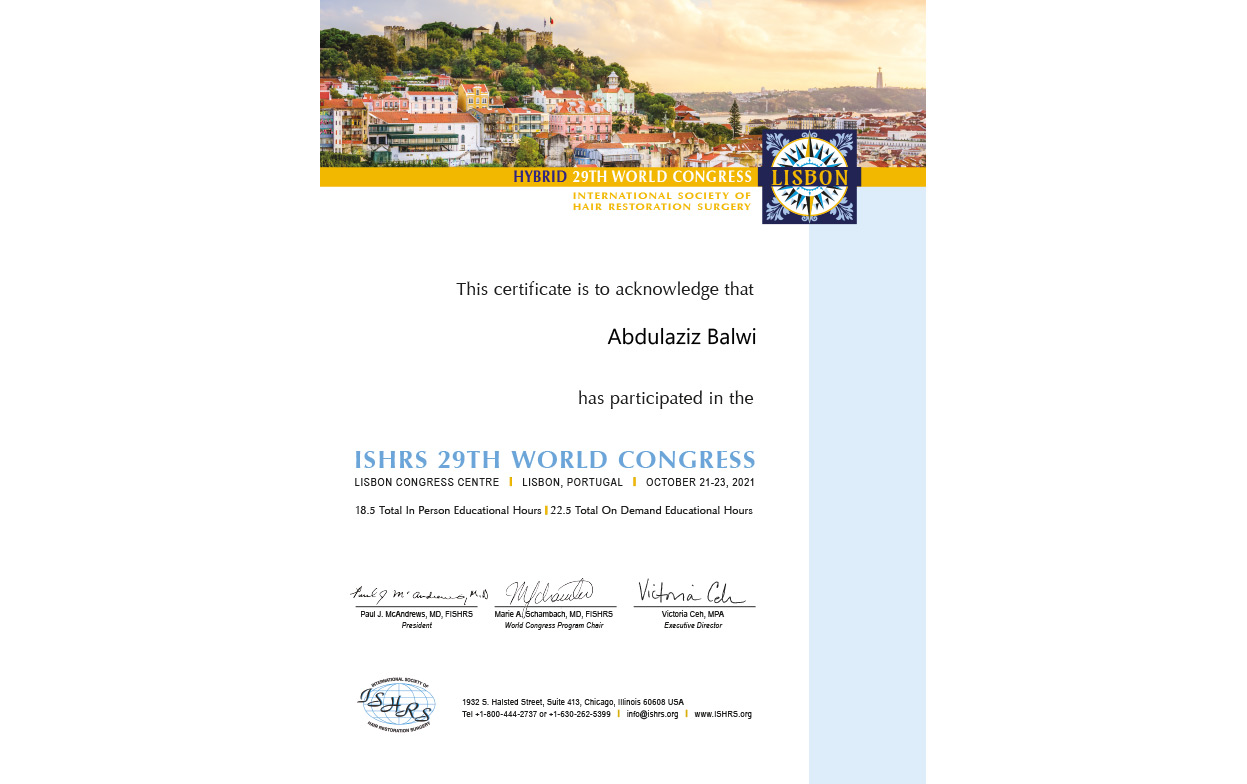 certificato di partecipazione al ventottesimo congresso mondiale ISHRS