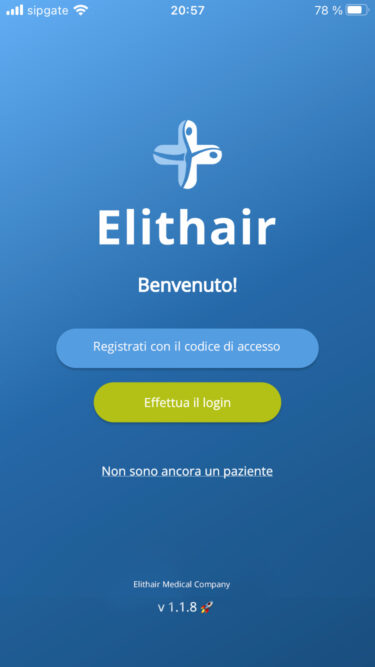 Schermata di benvenuto dell'app di Elithair
