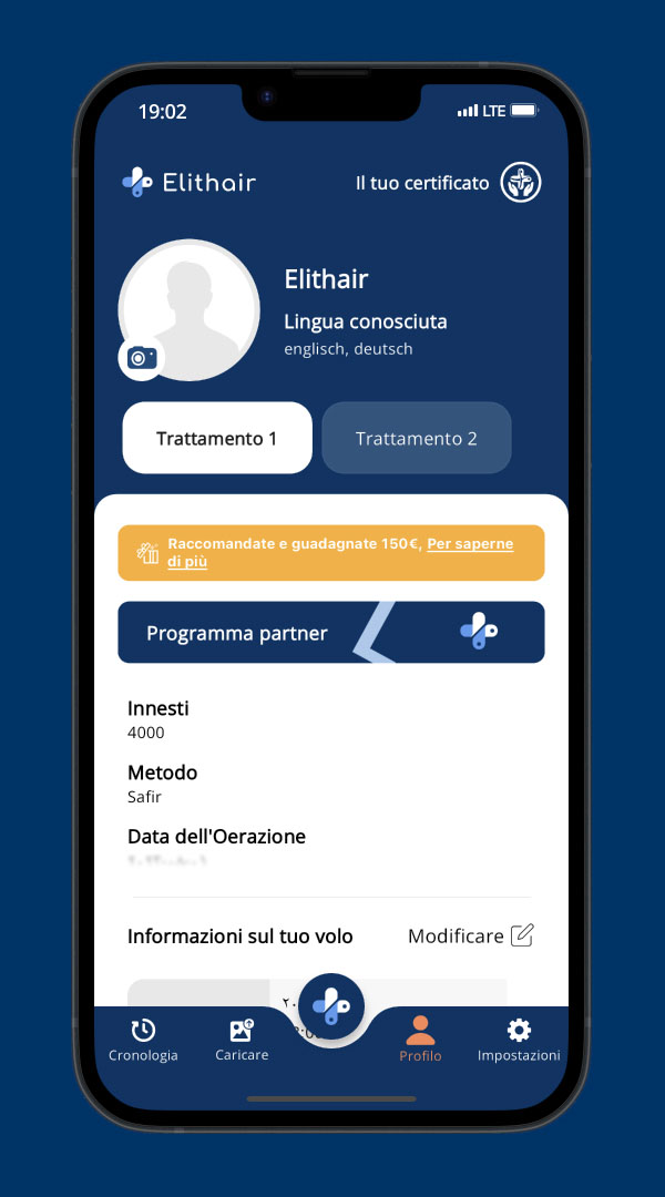La schermata del trattamento con l'app Elithair