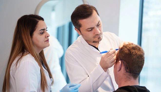 Immagine che mostra il Dr. Balwi e un assistente medico mentre disegnano la nuova attaccatura dei capelli di un paziente.