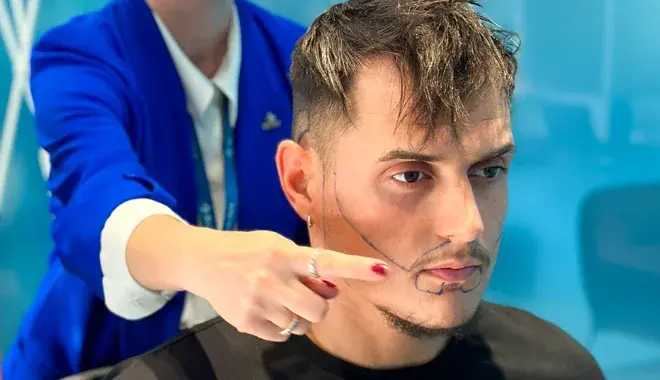 Progettazione del trapianto di barba su un paziente presso Elithair. L'immagine mostra uno specialista che disegna con precisione la linea della barba per garantire una forma naturale prima del trapianto