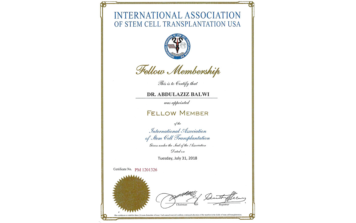 Certificado de membresía del Dr. Balwi como parte de la Asociación internacional de trasplante de células de USA