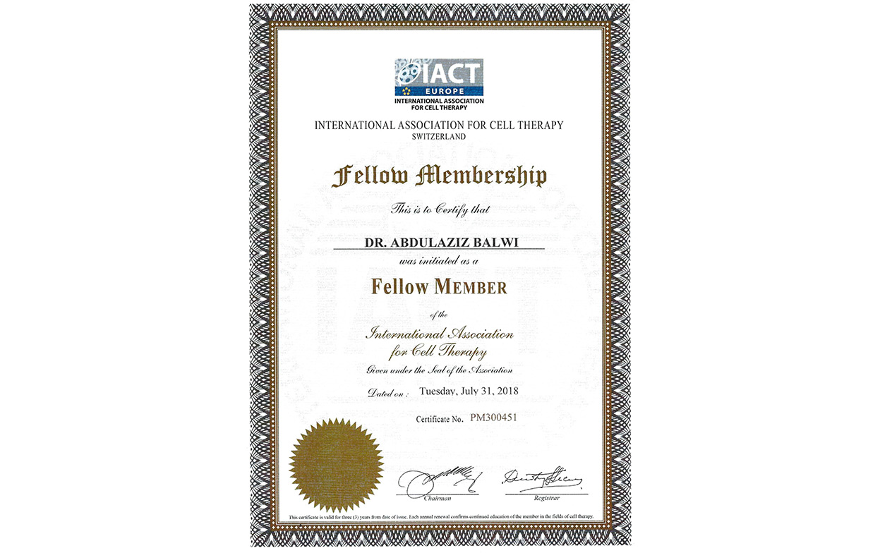 Certificado del Dr. Balwi de la Asociación Internacional de Trasplante de Células Madre en EE.UU.