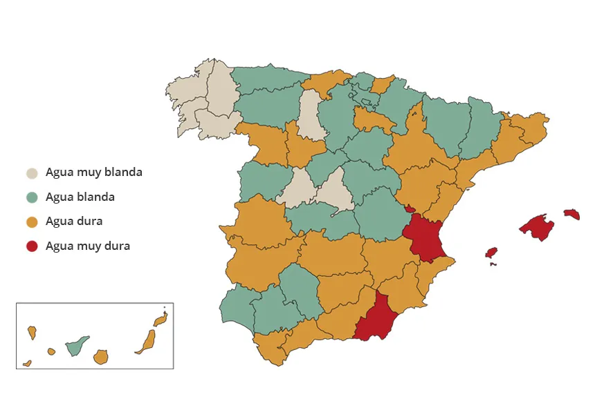 Mapa de España con la diferentes durezas del agua por regiones.